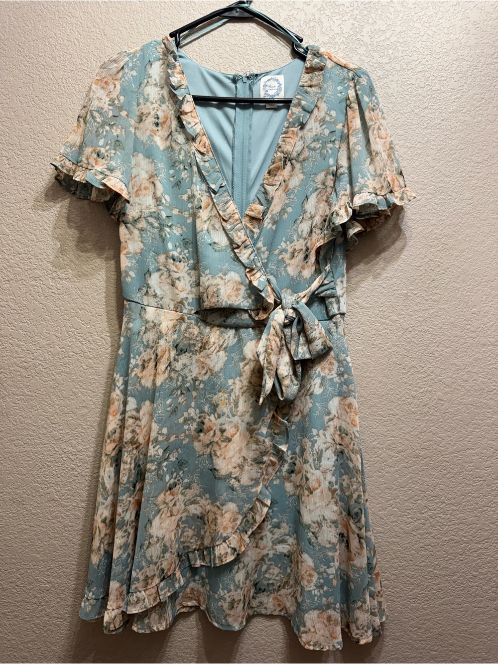 Blue Rain Dusty Blue Floral Wrap Mini Dress